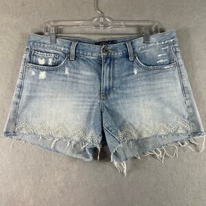 Lucky Brand Mid Rise Denim Shorts Womens 10/30 Distressed Raw Hem Embroidered